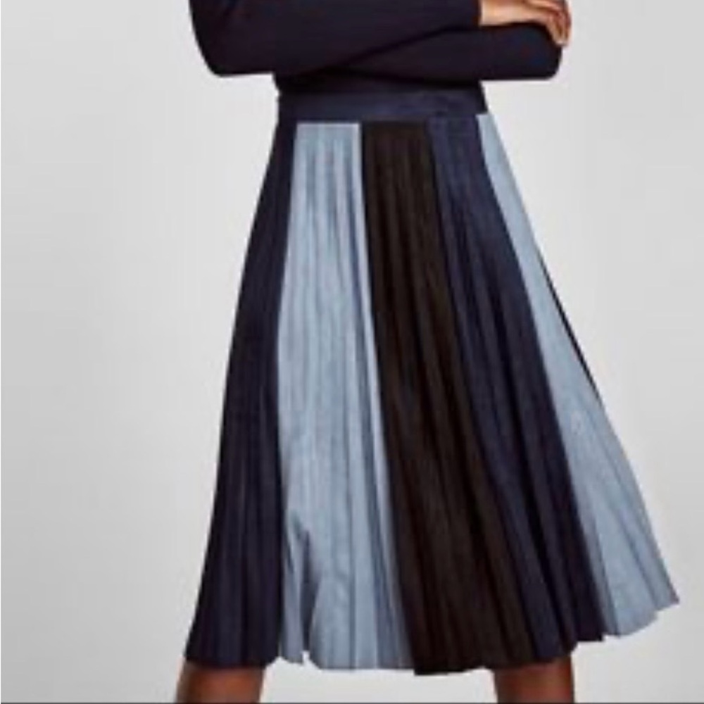 Zara Navy and Black Pleated A-Line Midi Skirt